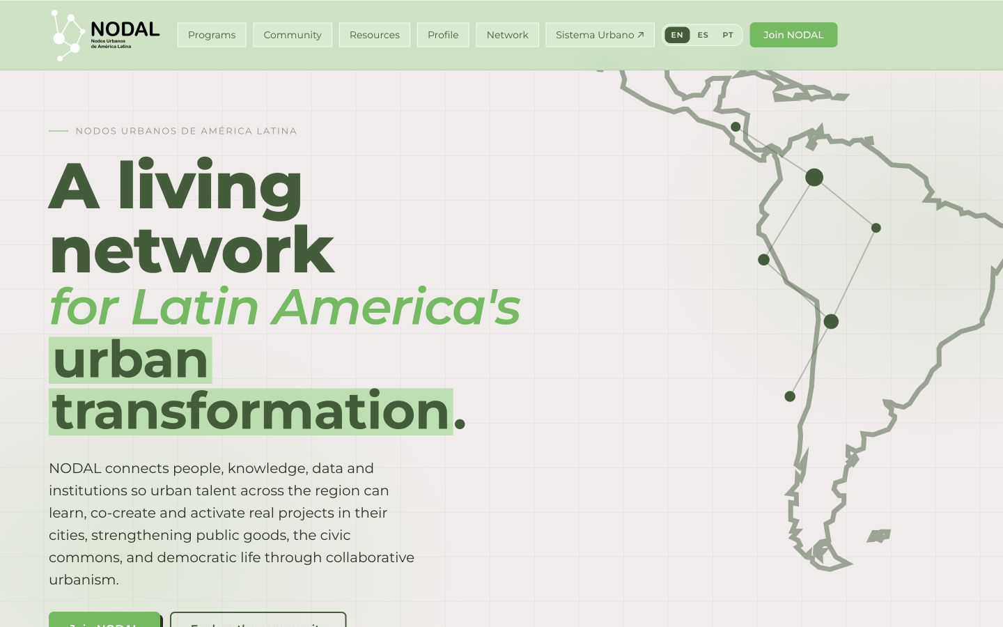 Nodal home page in English, showing its living network headline and a connected map of Latin America