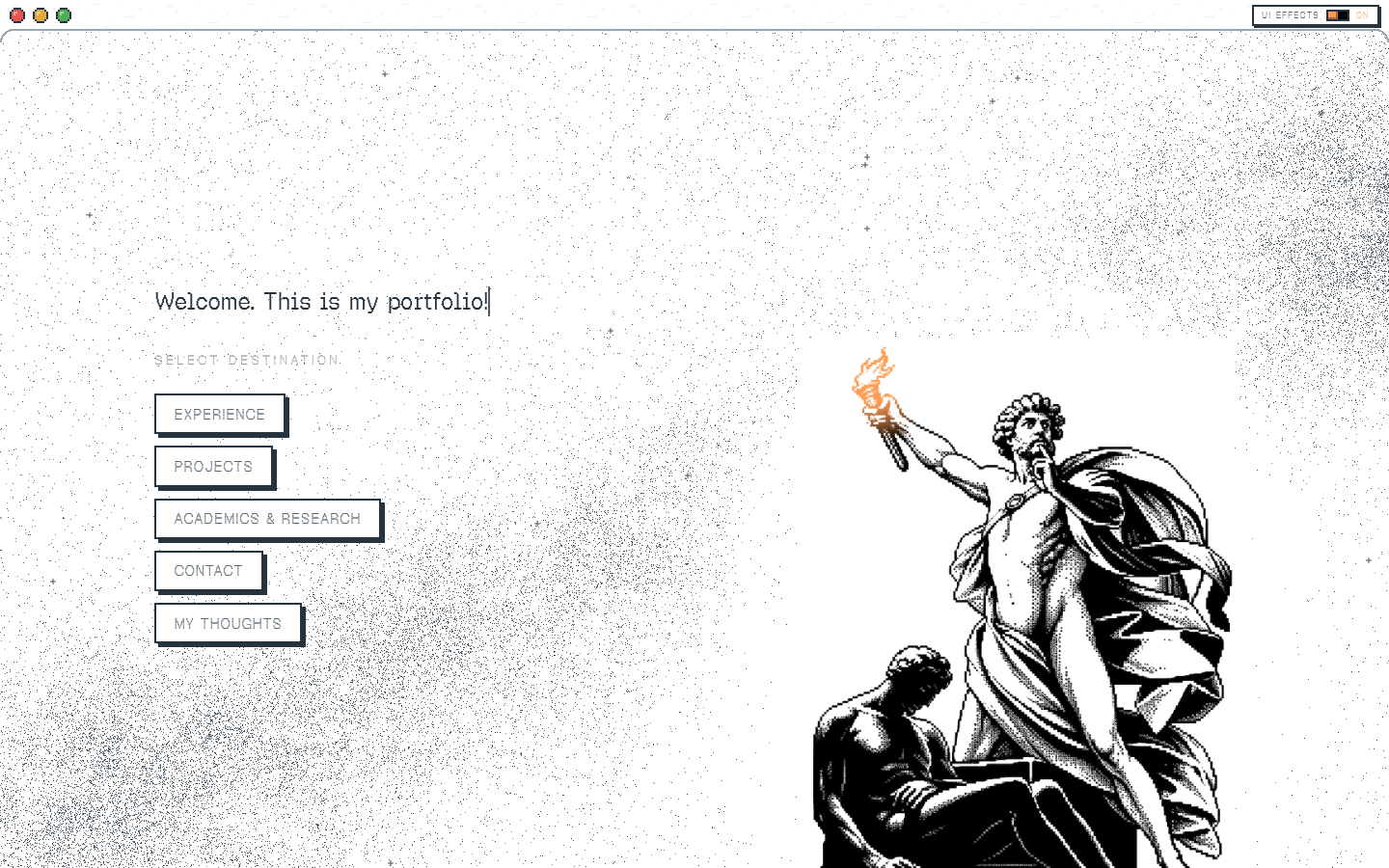 The Personal Website home screen: a pixel-art statue holding a lit torch beside the welcome line and section buttons