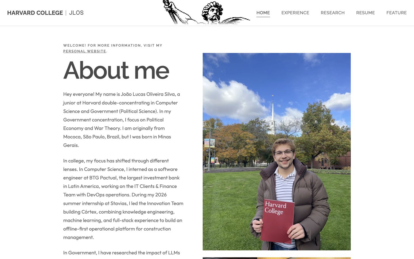 Portfolio home page with the About me introduction and a portrait of João Lucas holding a Harvard College folder