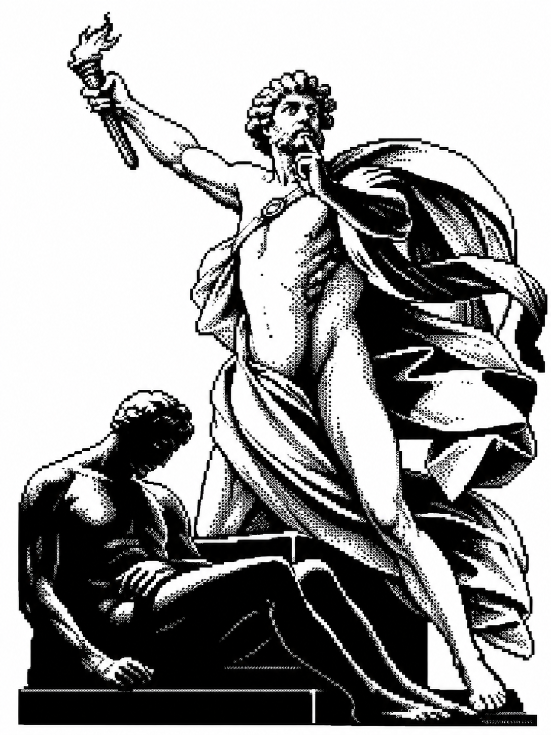 Pixel-art statue of Prometheus raising a torch